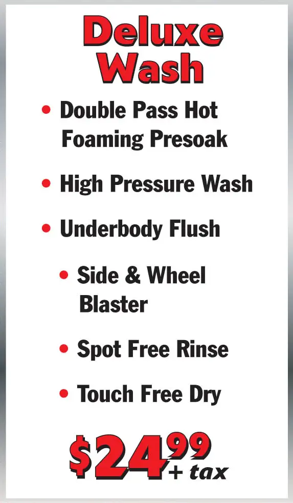 List of car wash services with bullet points.