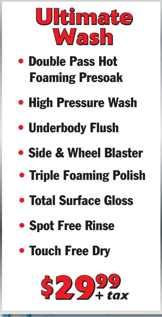 List of car wash services with bullet points.