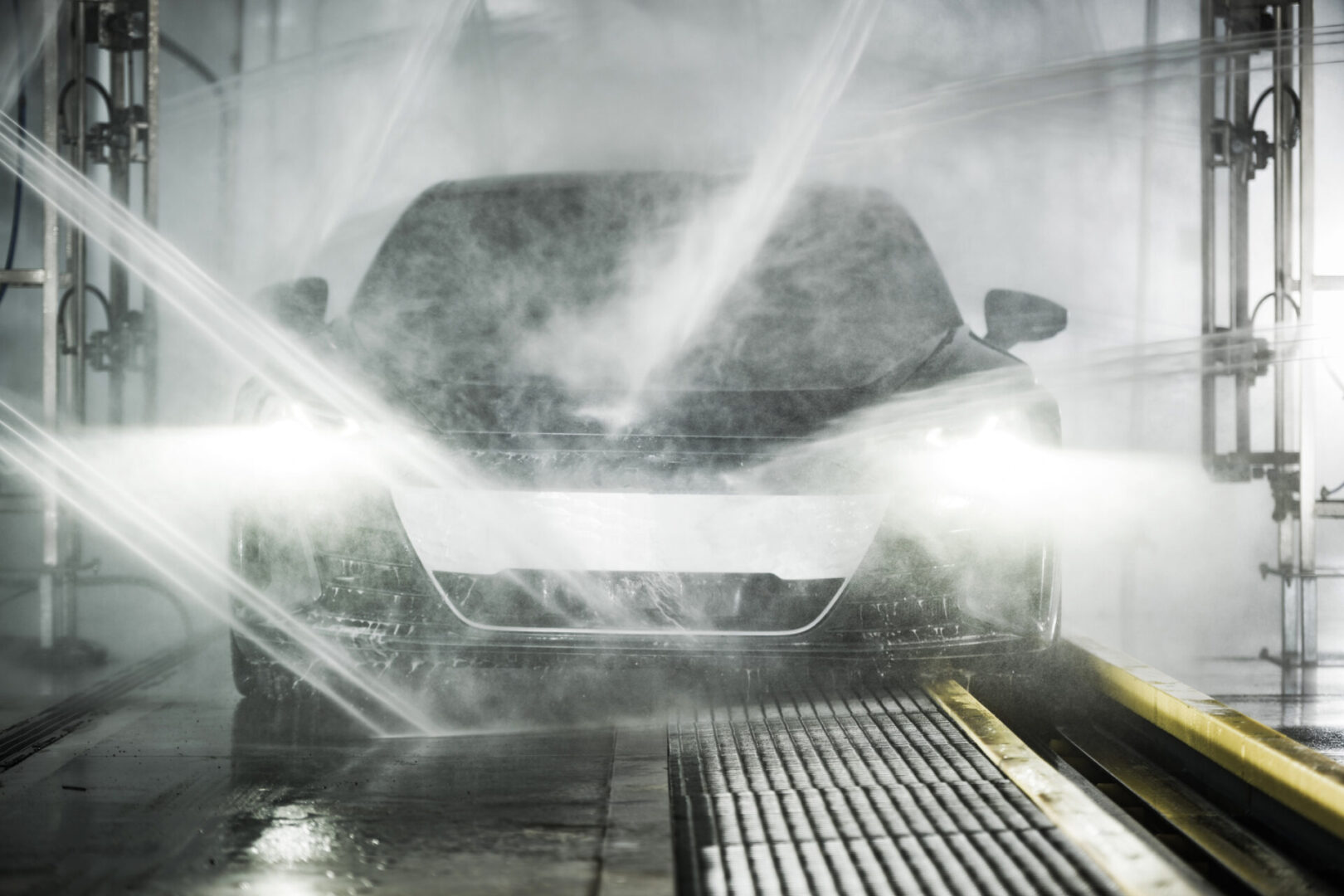 Car being washed with high-pressure water jets.
